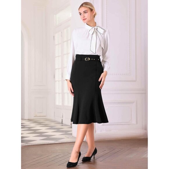 Women's Black Pull On Elegant Fishtail Waist Belted Work Mermaid Midi Skirt - Picture 3 of 5